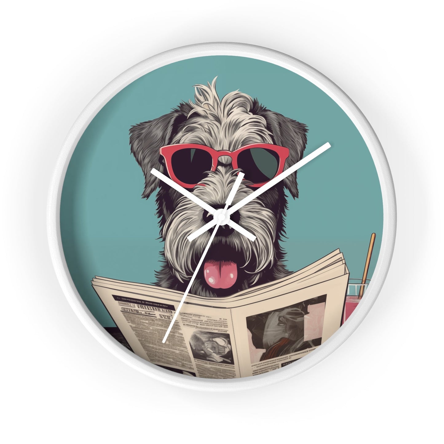 Reading Schnauzer Wall Clock - Stay punctual and add a touch of canine charm to your home or office with this unique wall clock featuring a Schnauzer catching up on the latest news.