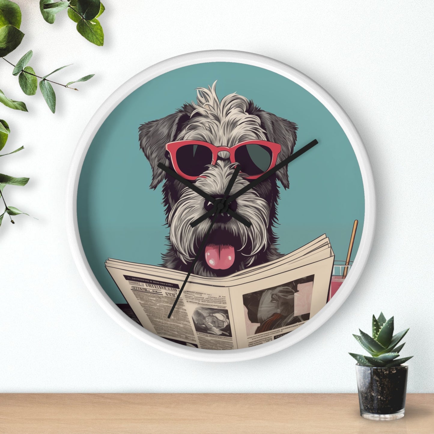 Reading Schnauzer Wall Clock - Stay punctual and add a touch of canine charm to your home or office with this unique wall clock featuring a Schnauzer catching up on the latest news.