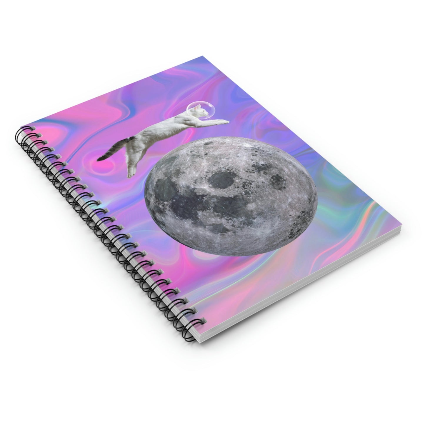 Feline Space Explorer Leaping Above Lunar Surface Notebook