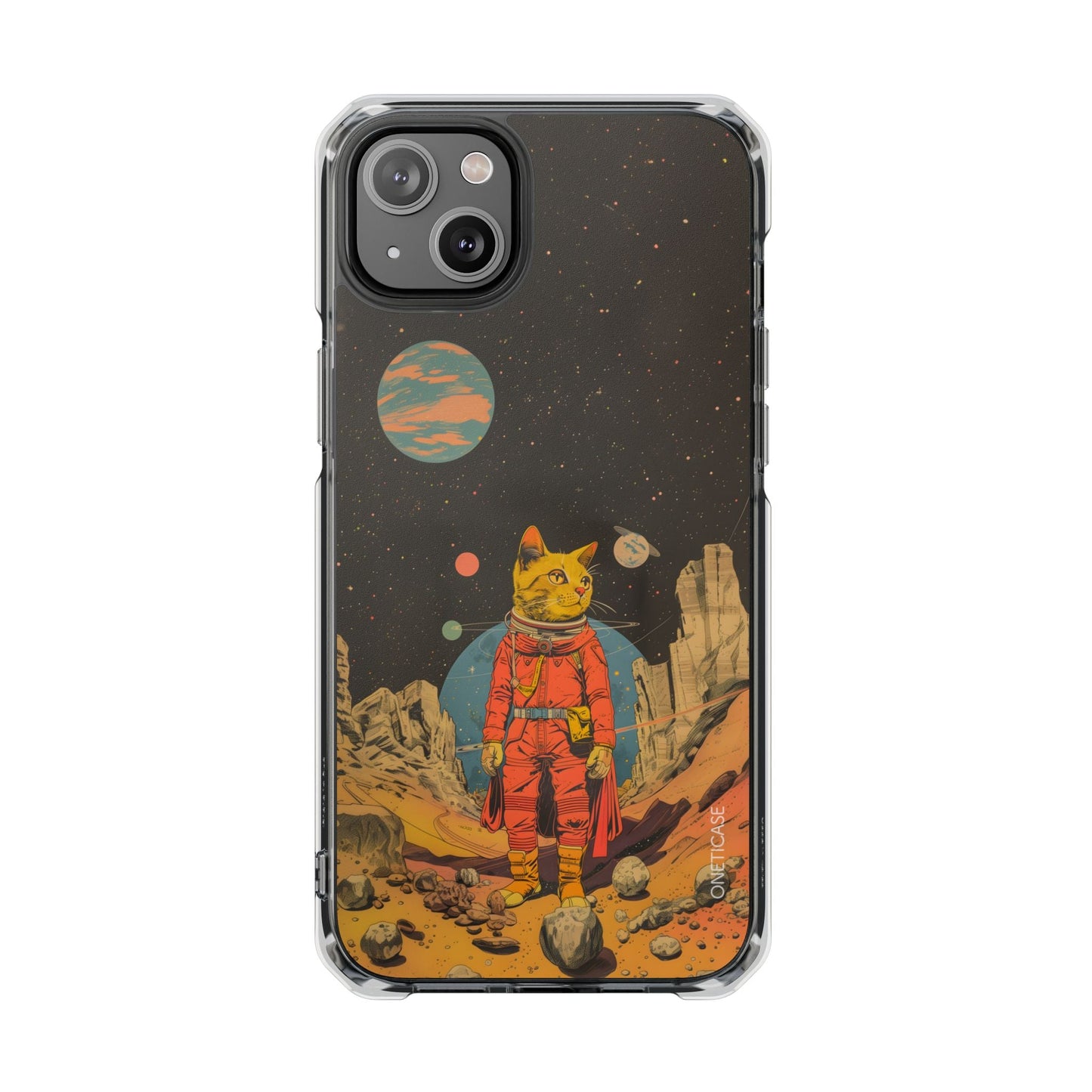 Clear Magnetic Case for iPhone Series with Vintage Feline Astronaut Design