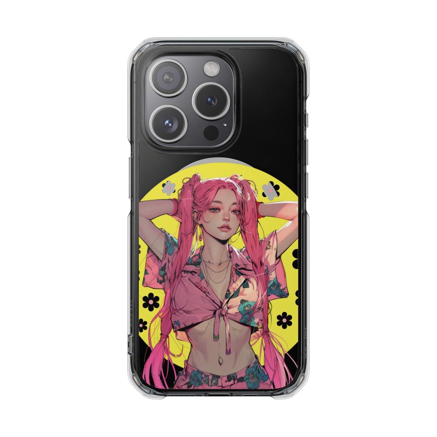 Magnetic Clear Case for iPhone with a Pink-Haired Anime Girl Design