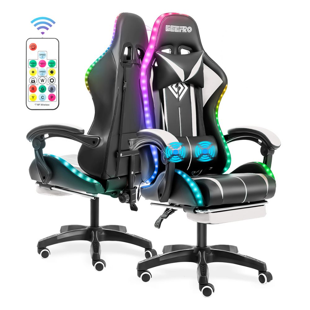 LED Gaming Chair with Built-In Footrest and Massaging Function