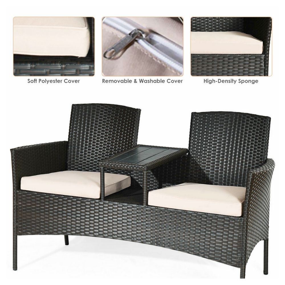 Outdoor Rattan Patio Love Seat with Side Table