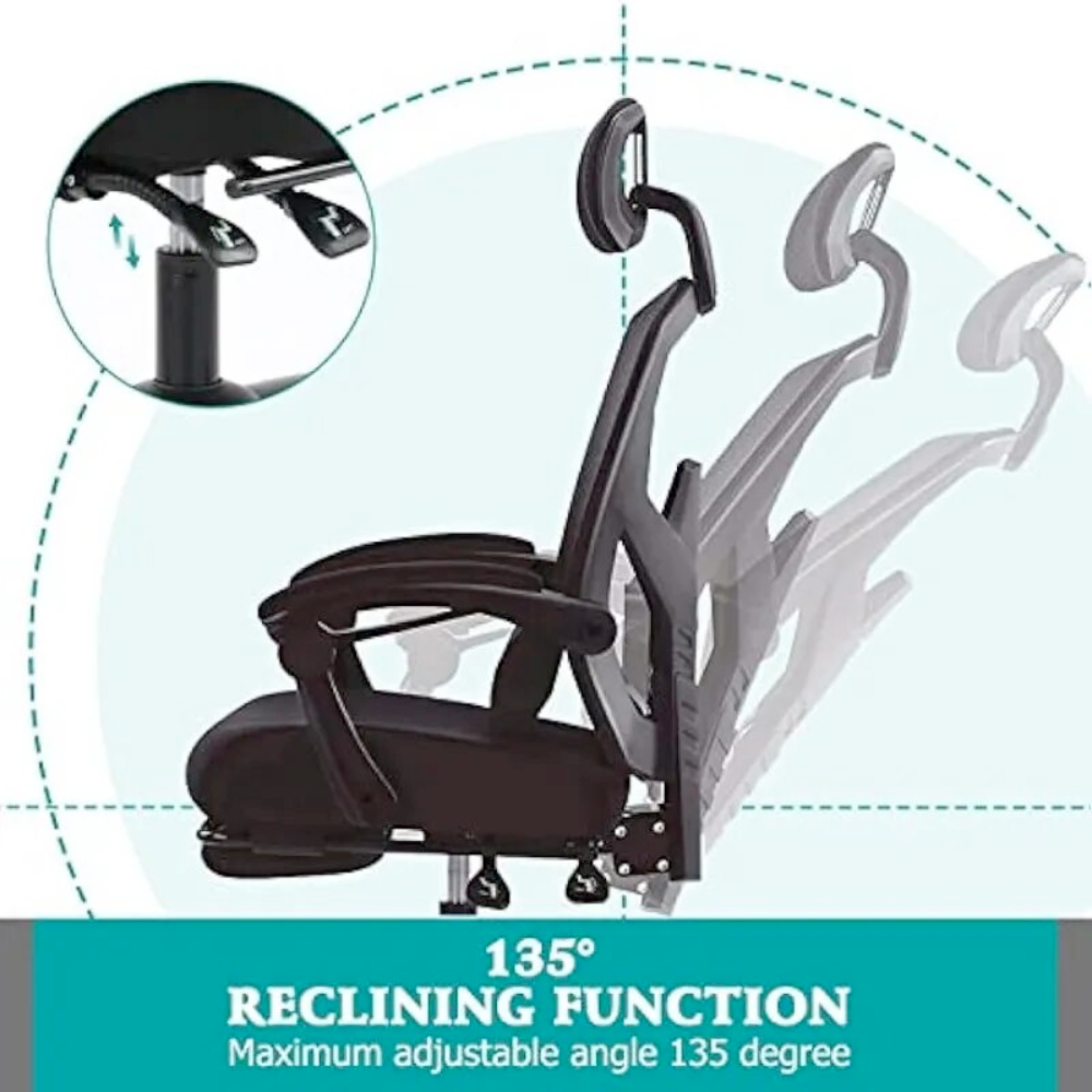 Mesh Reclining Chair with Lumbar Support, Headrest, and Footrest