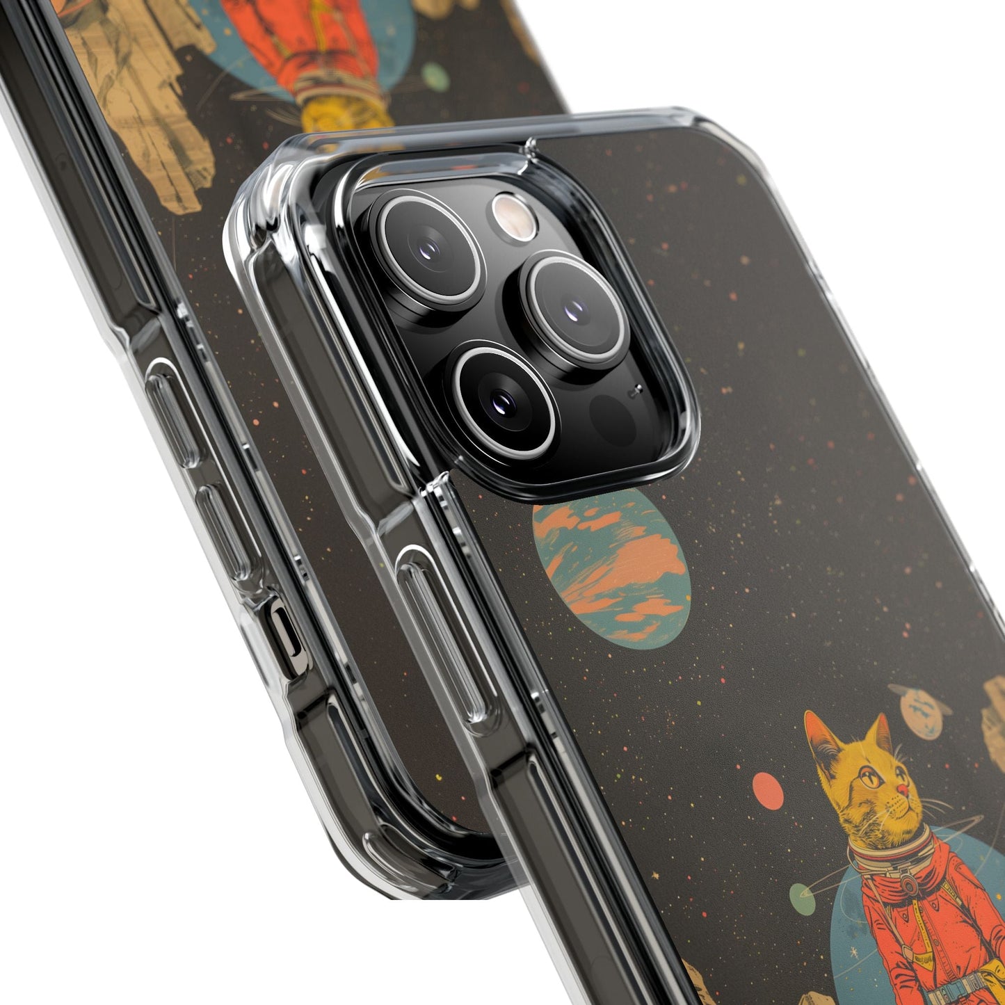 Clear Magnetic Case for iPhone Series with Vintage Feline Astronaut Design
