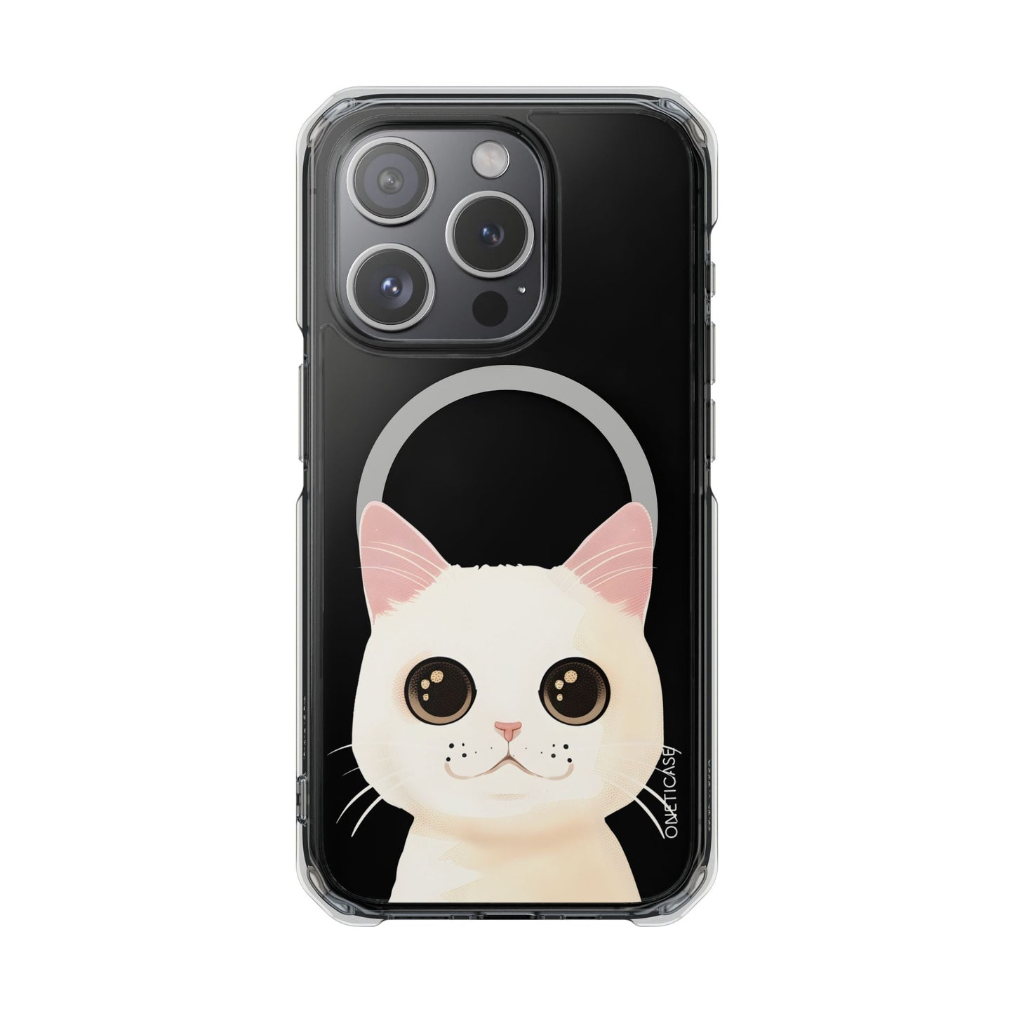 Magnetic Clear Case for iPhone Series with a White Cat Design