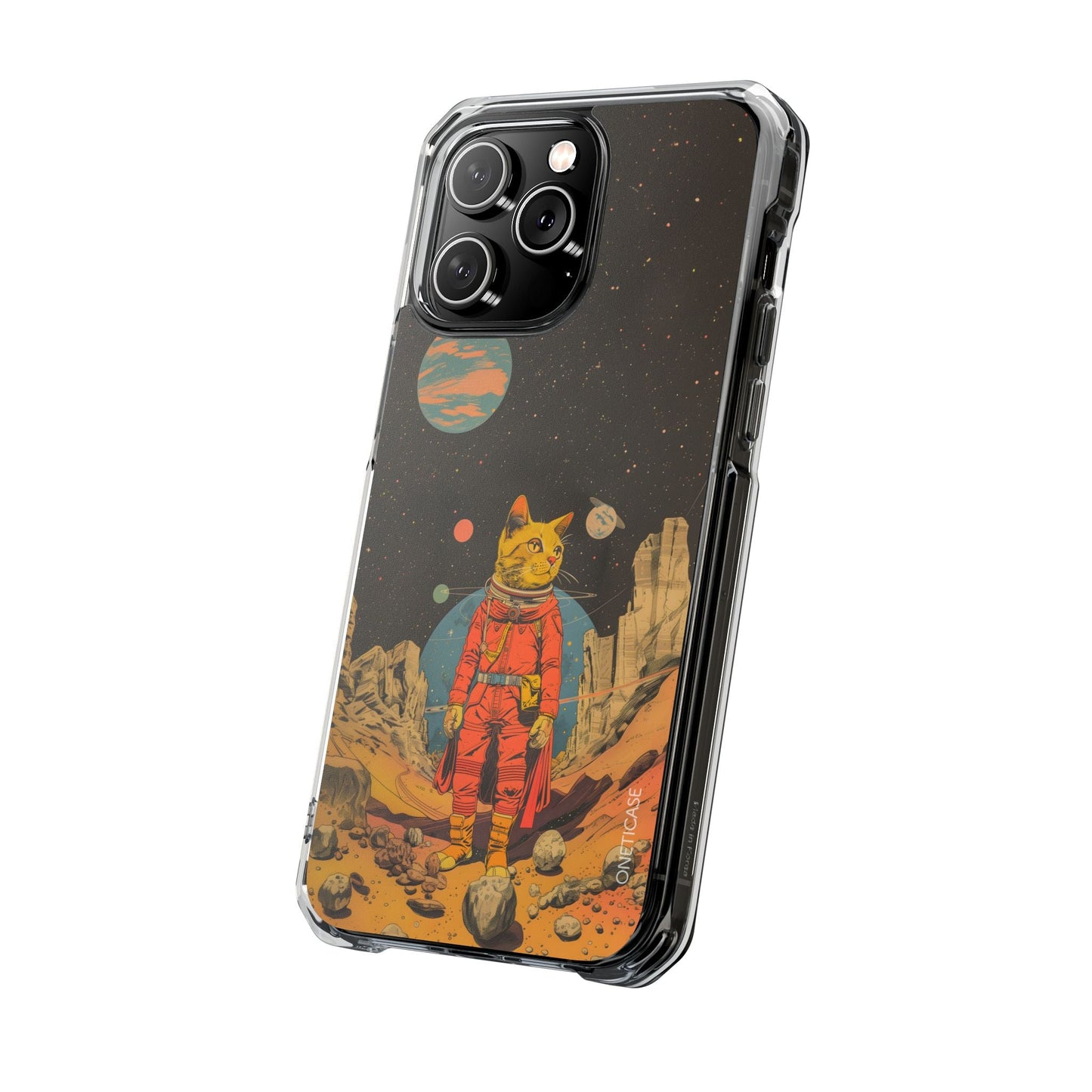 Clear Magnetic Case for iPhone Series with Vintage Feline Astronaut Design