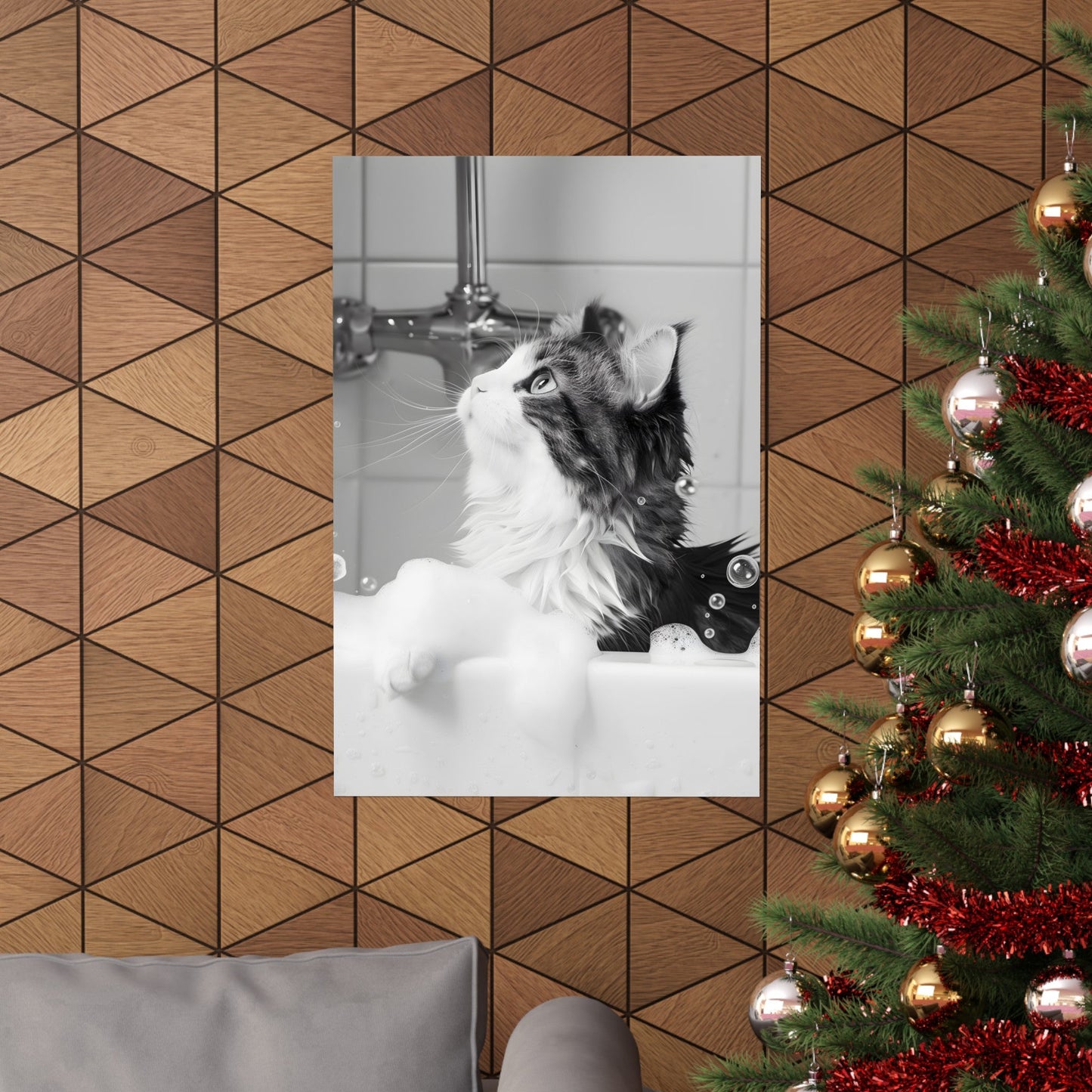 Bathroom Wall Art Print featuring Feline in Tub Decoration