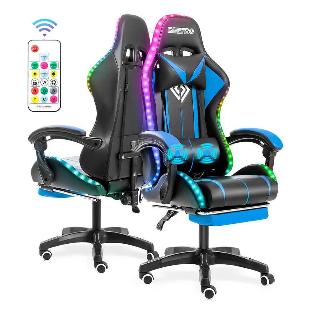 LED Gaming Chair with Built-In Footrest and Massaging Function