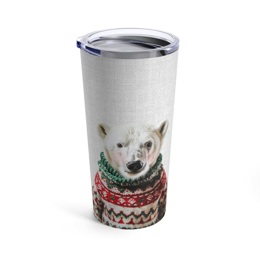 20oz Tumbler with a Christmas Sweater-Clad Polar Bear in Rosy Hue