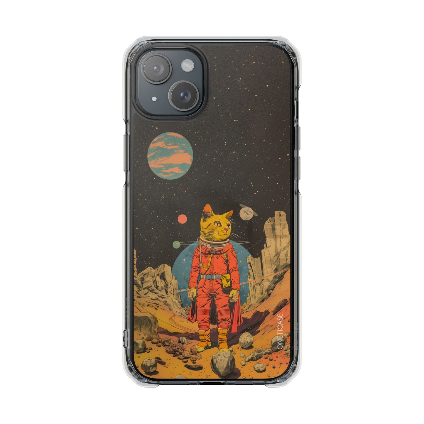 Clear Magnetic Case for iPhone Series with Vintage Feline Astronaut Design