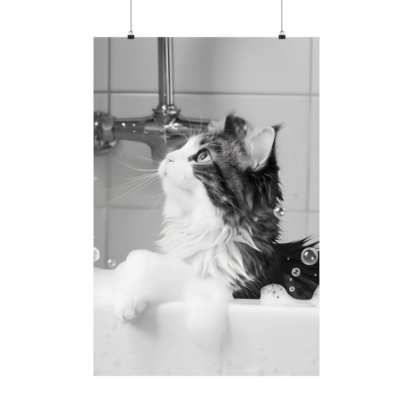 Bathroom Wall Art Print featuring Feline in Tub Decoration