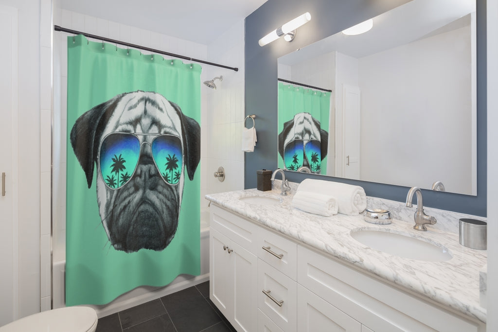 Green Shower Curtains with Pug Wearing Shades