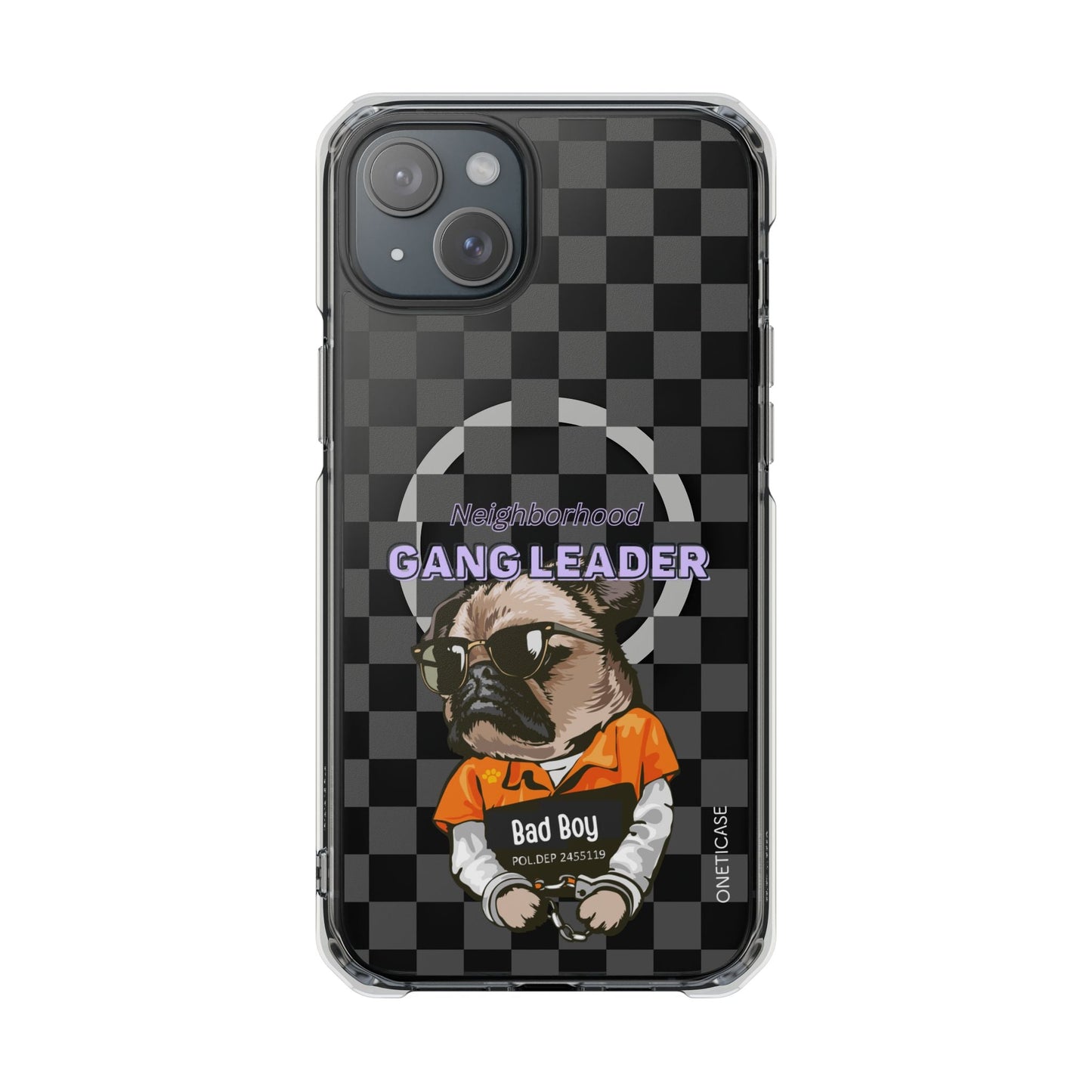 Magnetic iPhone Case with Clear Back featuring a Pug Design