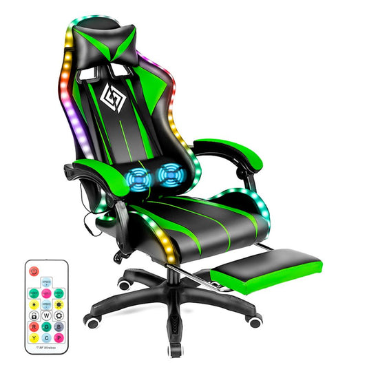LED Gaming Chair with Built-In Footrest and Massaging Function