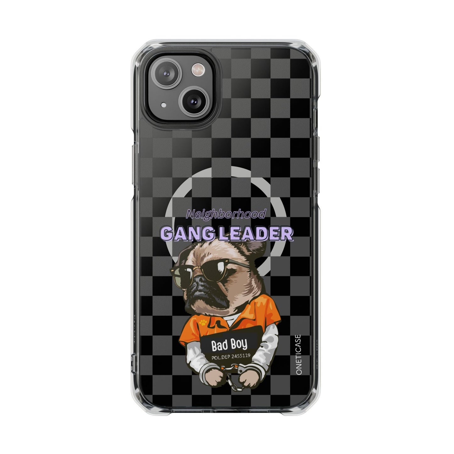 Magnetic iPhone Case with Clear Back featuring a Pug Design