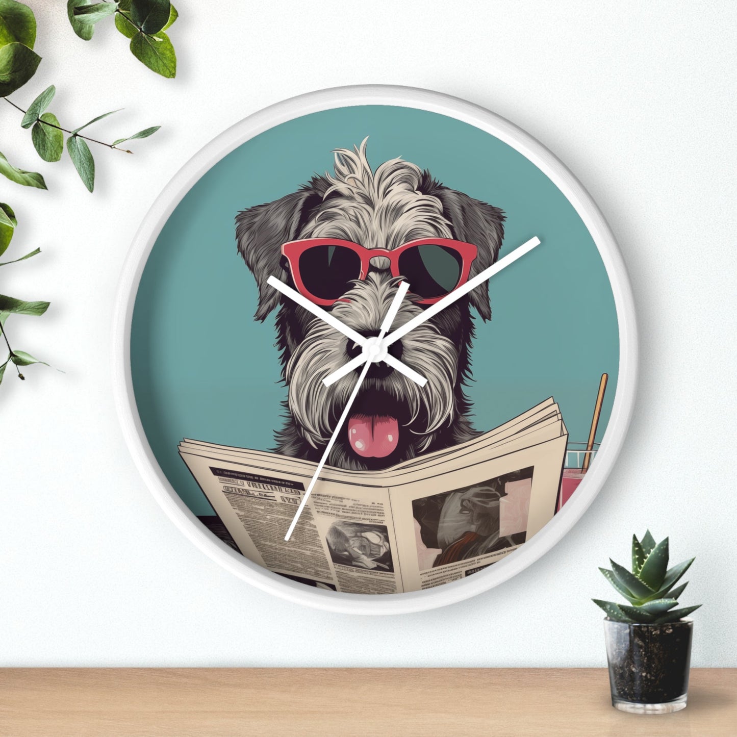 Reading Schnauzer Wall Clock - Stay punctual and add a touch of canine charm to your home or office with this unique wall clock featuring a Schnauzer catching up on the latest news.