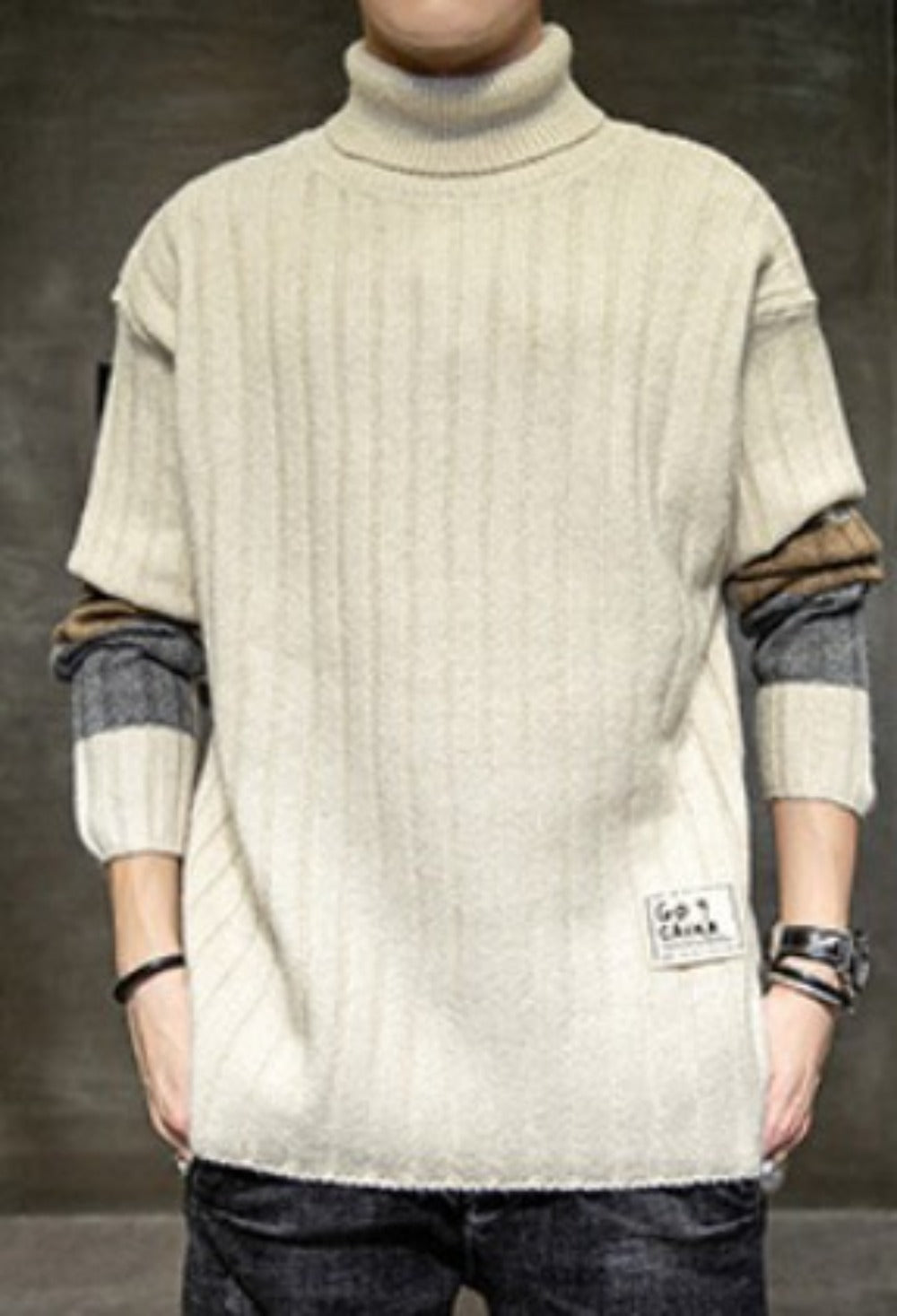 Stripe Sleeve Men's Turtleneck Sweater for Casual Wear