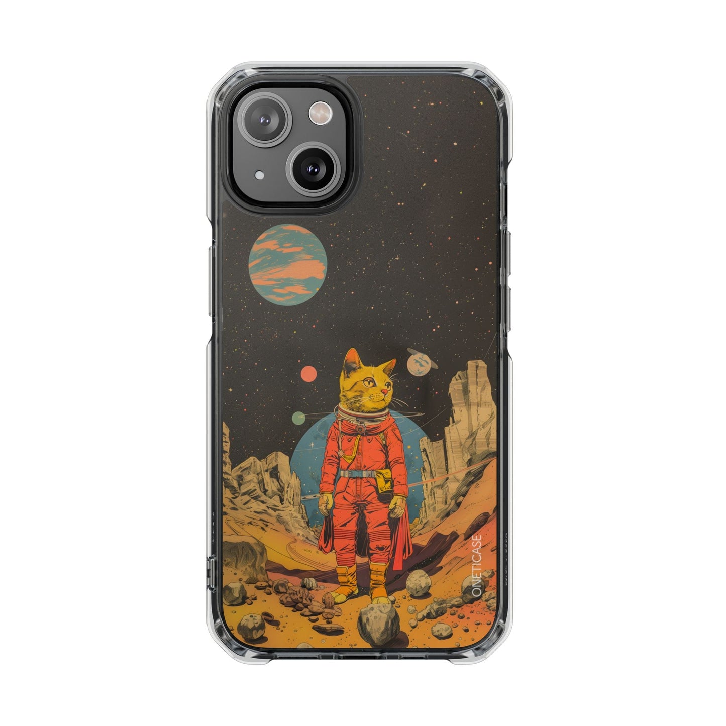 Clear Magnetic Case for iPhone Series with Vintage Feline Astronaut Design