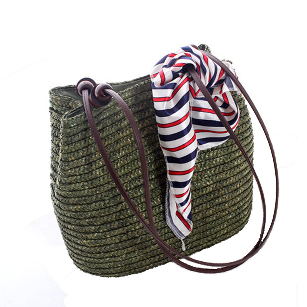 Wooden Beaded Straw Handbag