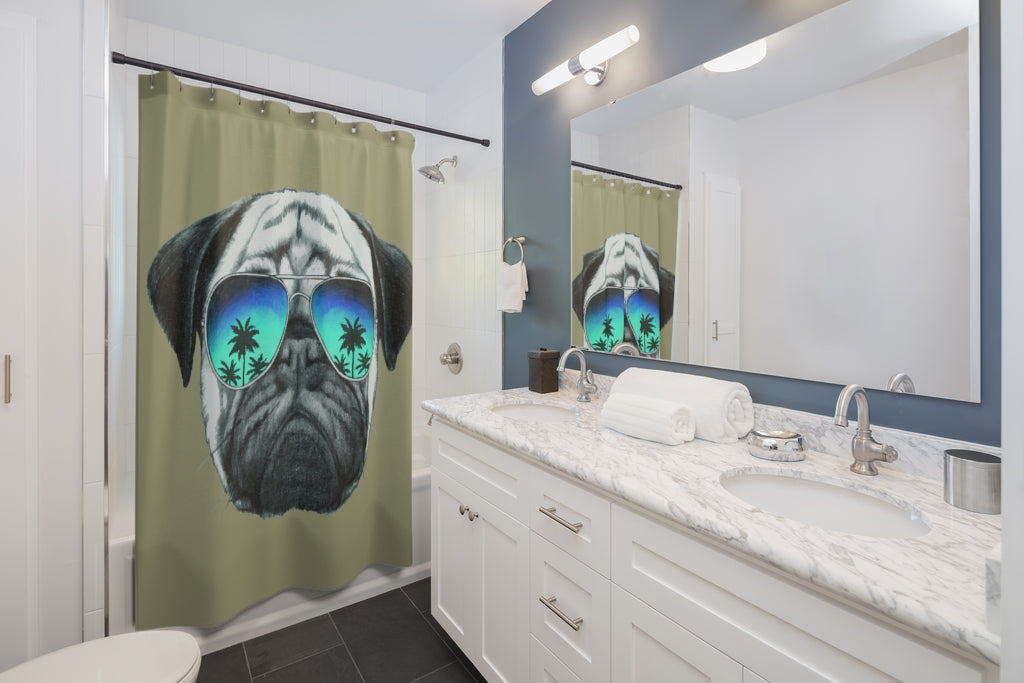 Beige Shower Curtains featuring a Pug Wearing Sunglasses
