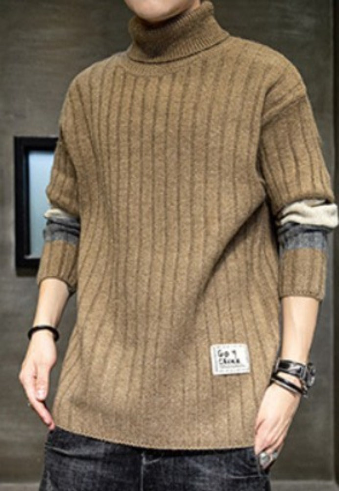 Stripe Sleeve Men's Turtleneck Sweater for Casual Wear