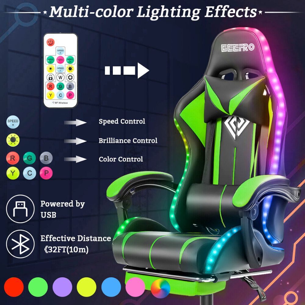LED Gaming Chair with Built-In Footrest and Massaging Function