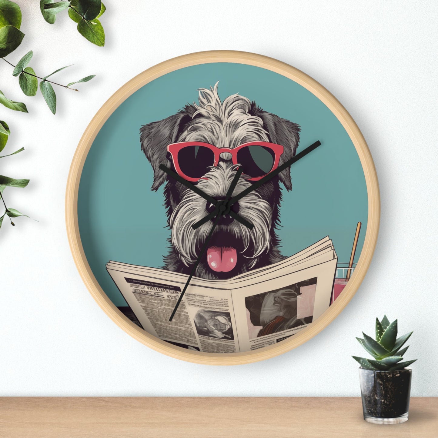 Reading Schnauzer Wall Clock - Stay punctual and add a touch of canine charm to your home or office with this unique wall clock featuring a Schnauzer catching up on the latest news.