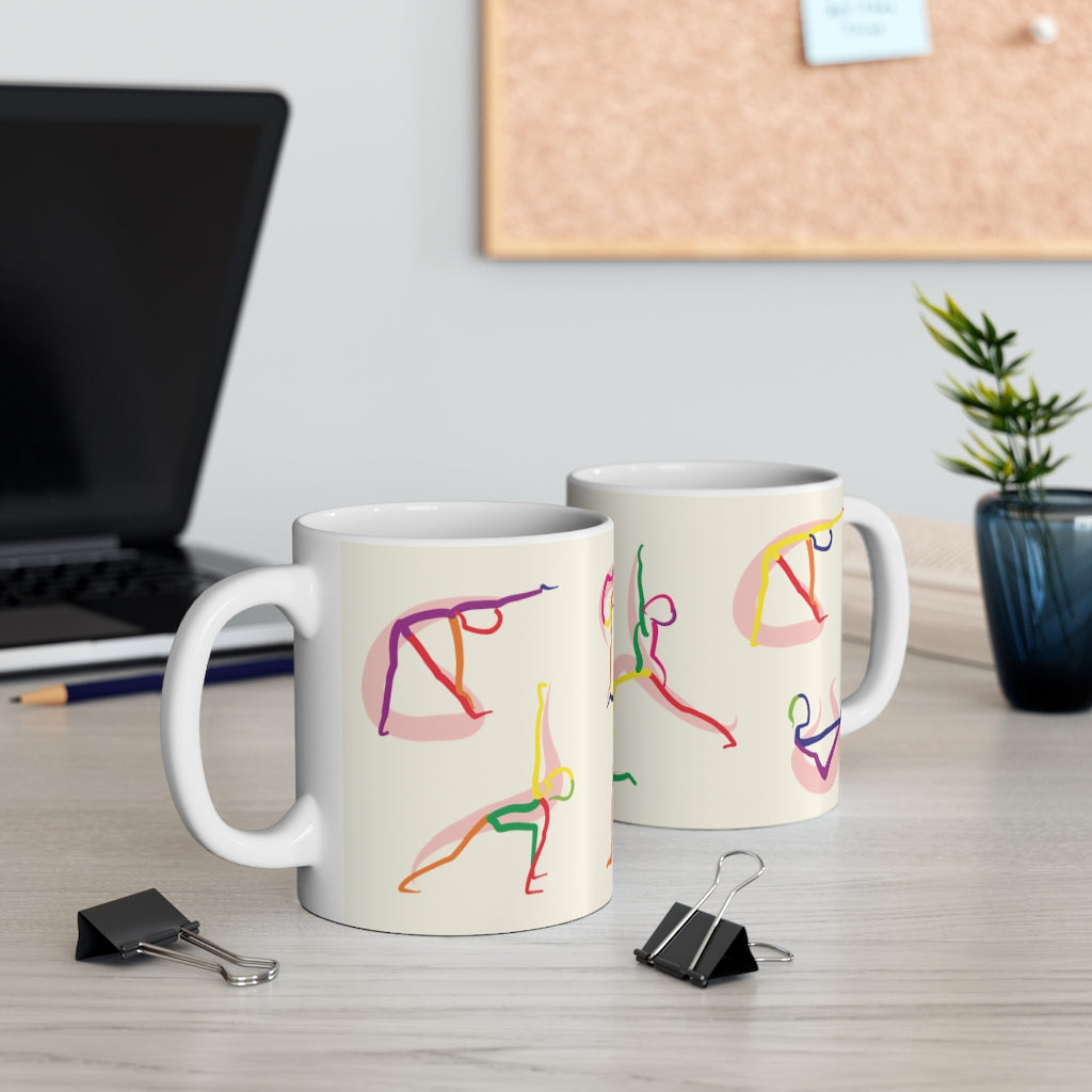 Mug with Yoga Poses Illustrated by Stick Figures for Tea or Coffee