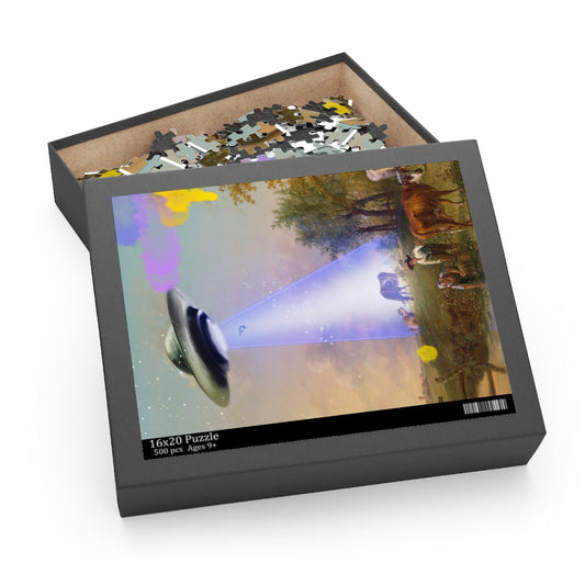 500-Piece Jigsaw Puzzle of a Cow Being Abducted by a UFO