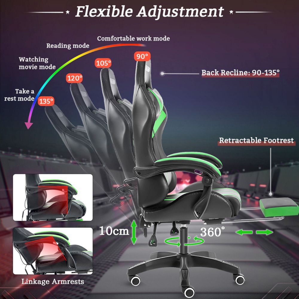 LED Gaming Chair with Built-In Footrest and Massaging Function