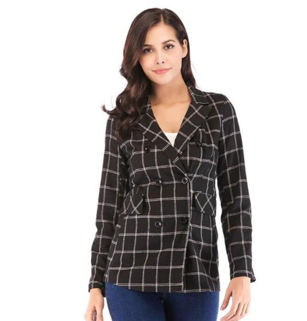 Black Checkered Double Breasted Blazer for Women