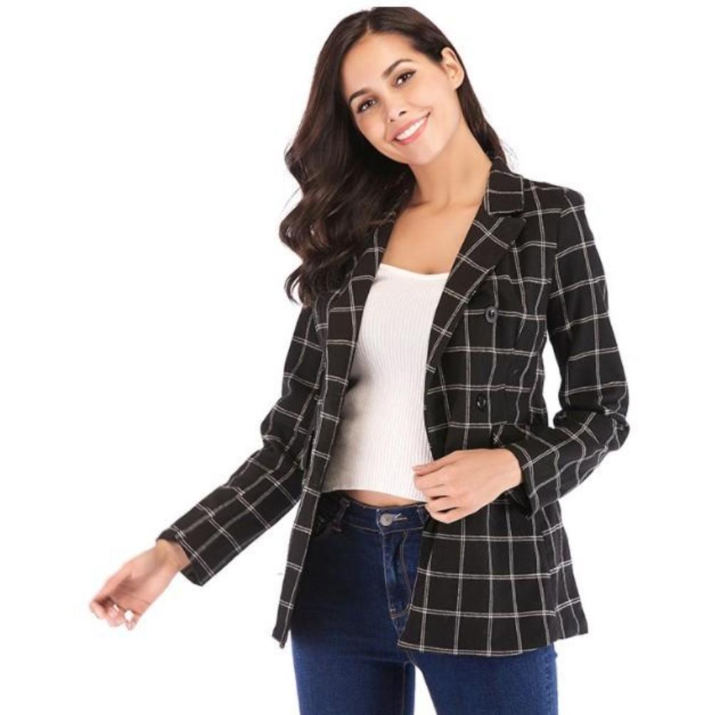 Black Checkered Double Breasted Blazer for Women