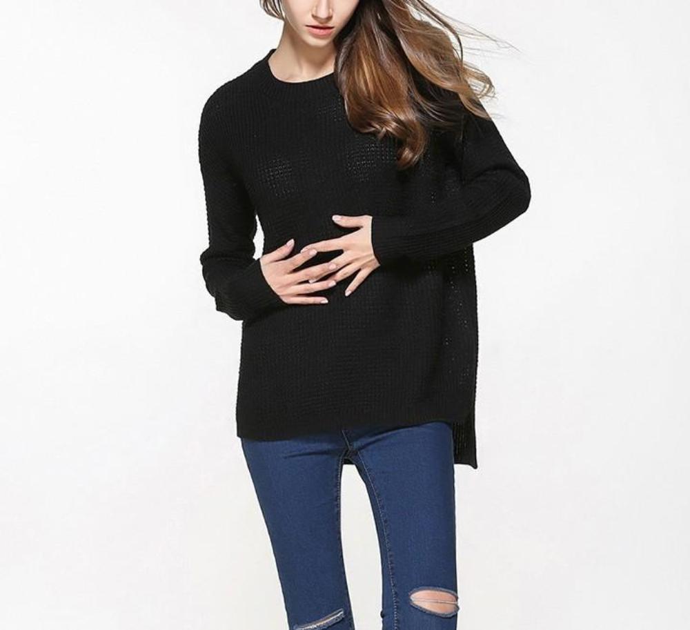 Black Round Neck Sweater for Women with a Relaxed Fit