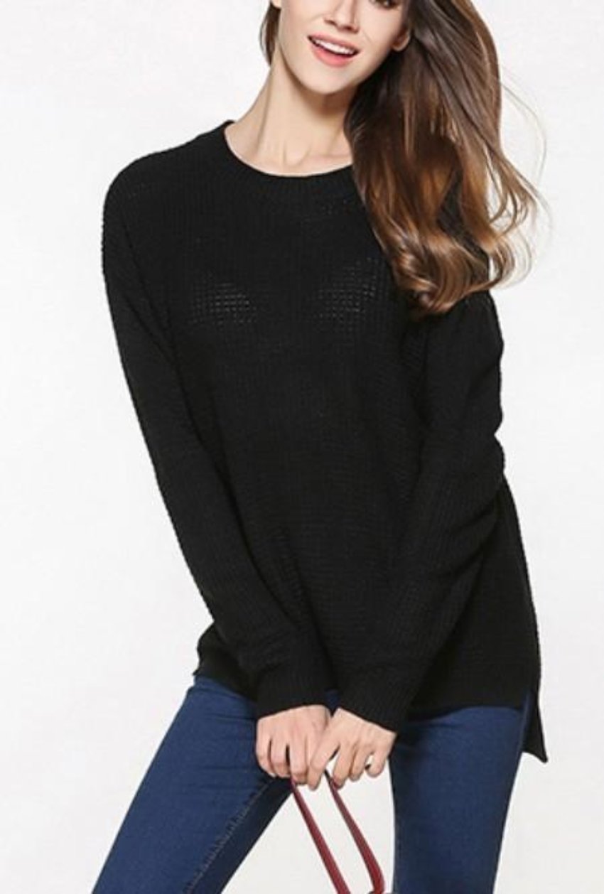 Black Round Neck Sweater for Women with a Relaxed Fit