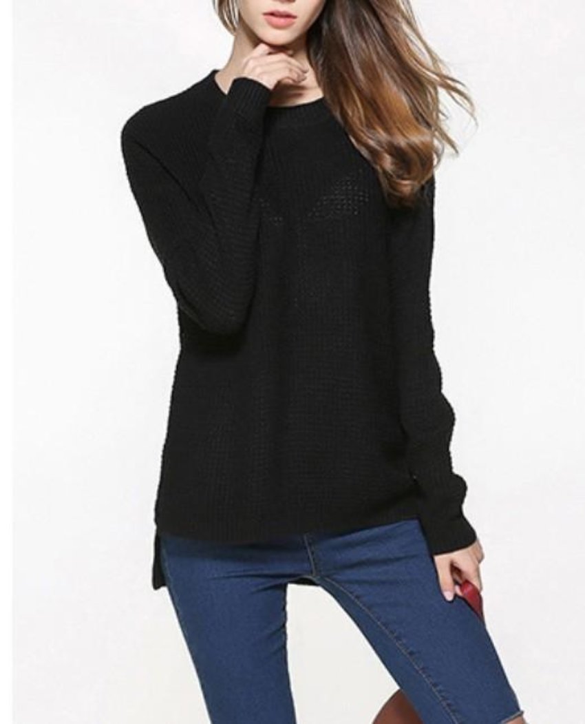 Black Round Neck Sweater for Women with a Relaxed Fit