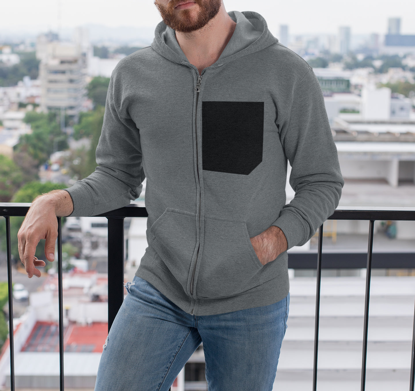 Black Faux Pocket Heavy Blend Men's Zip-Up Hoodie