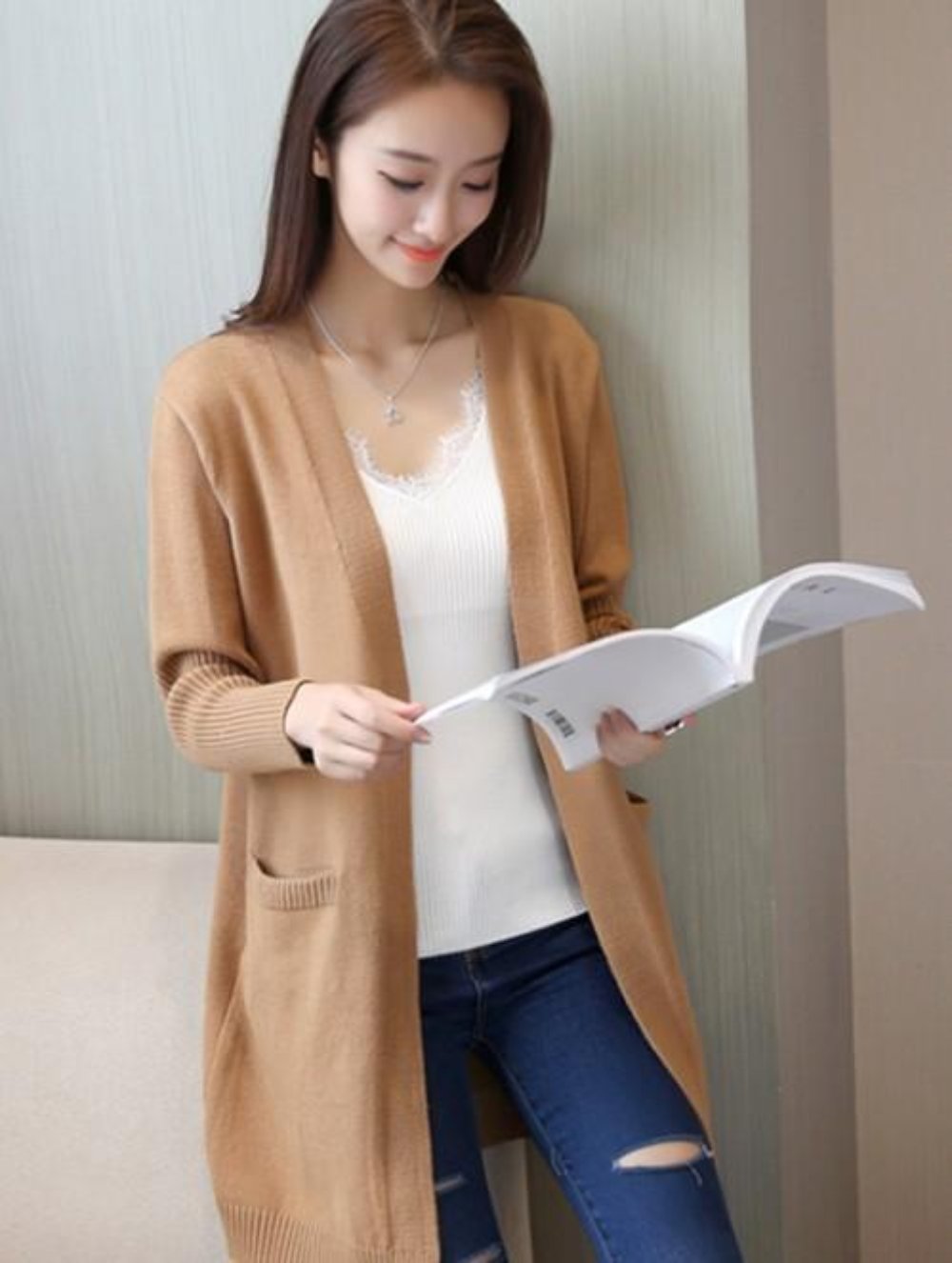 Knitted Open Cardigan for Women - Medium Length