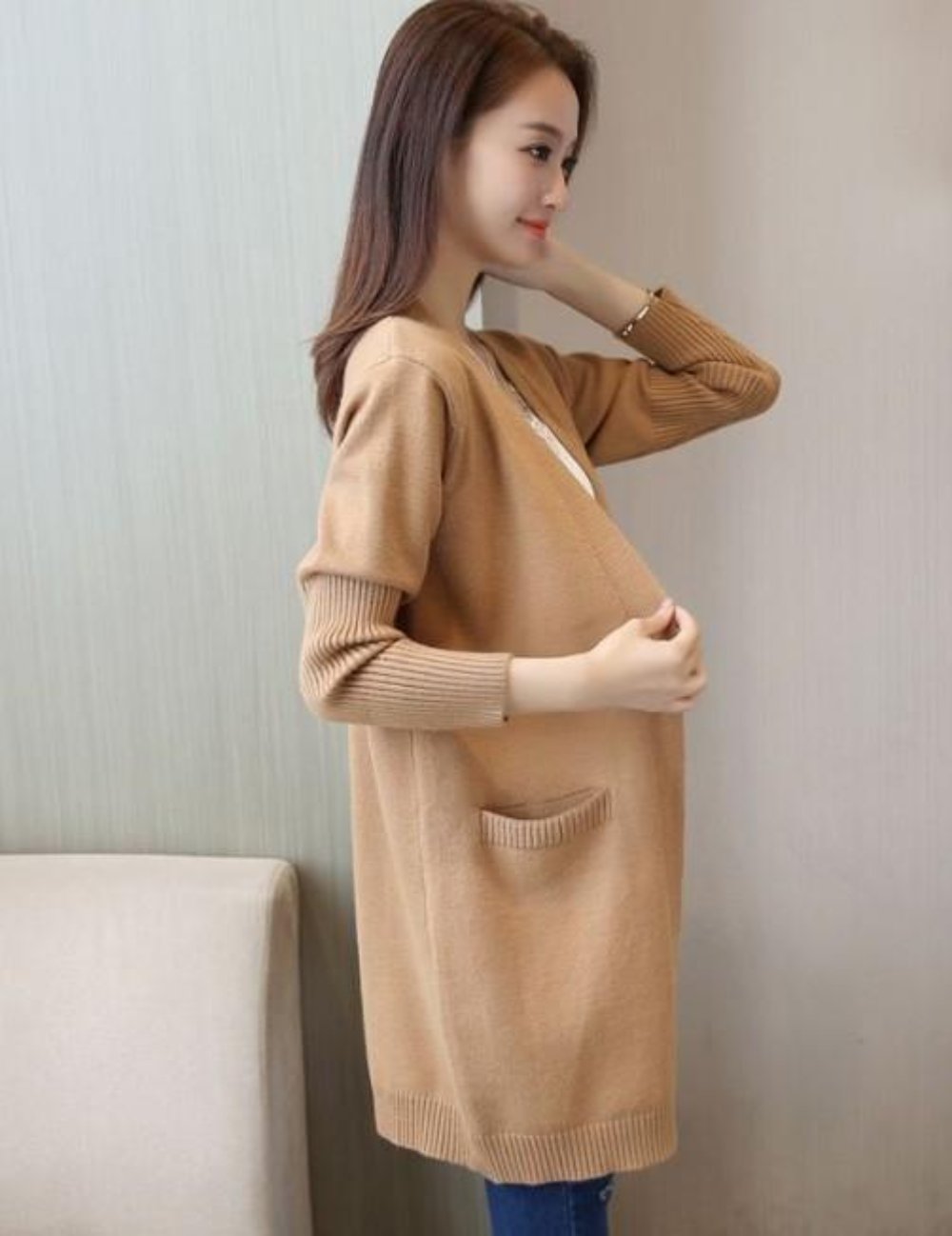 Knitted Open Cardigan for Women - Medium Length