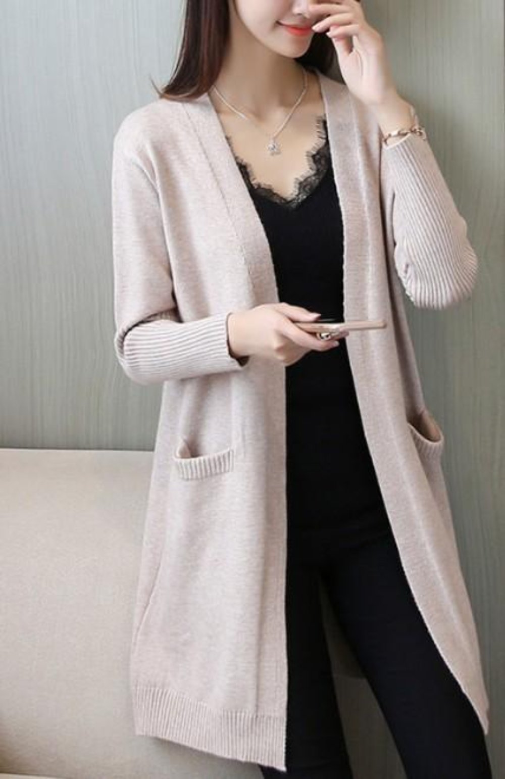 Knitted Open Cardigan for Women - Medium Length