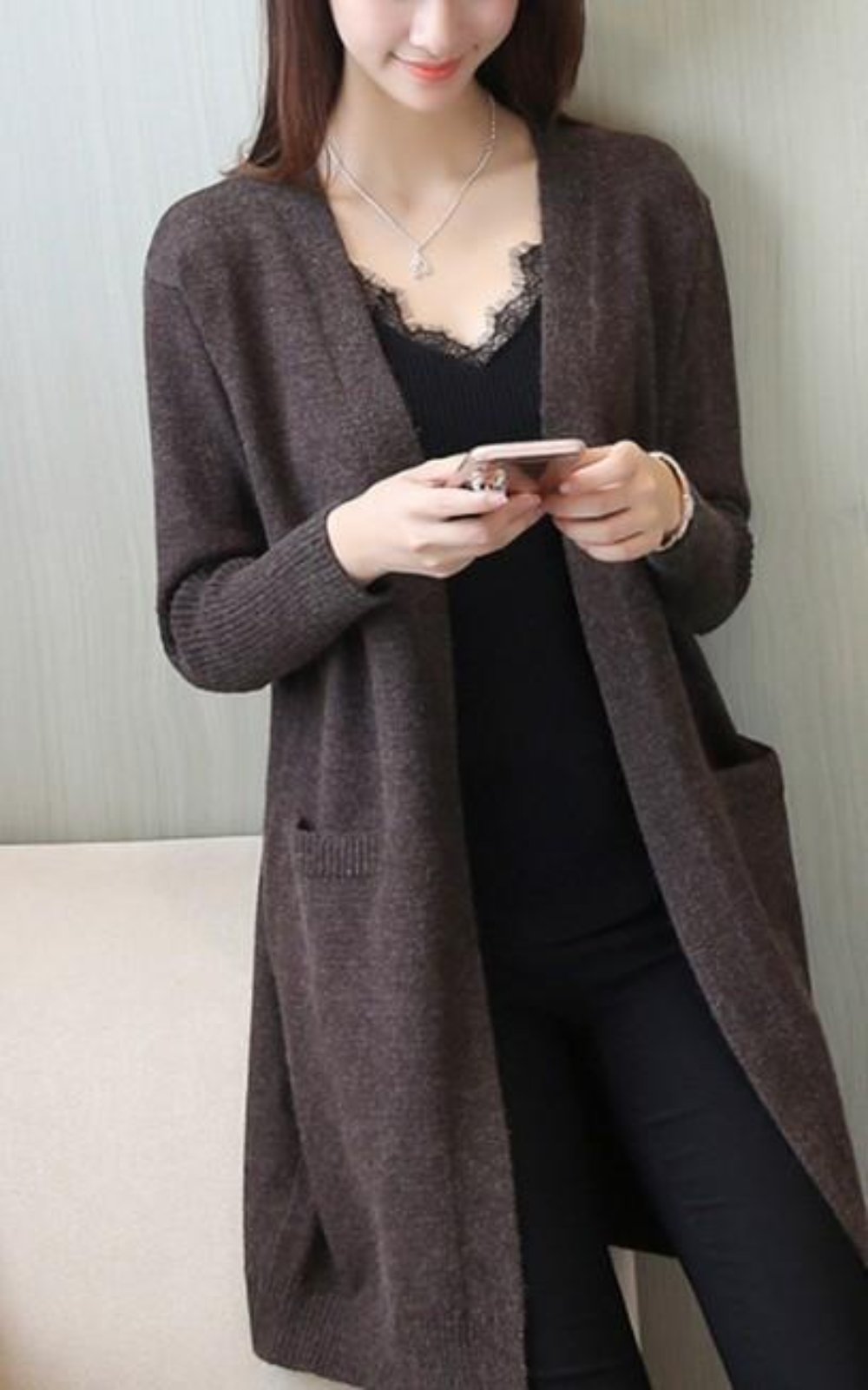 Knitted Open Cardigan for Women - Medium Length