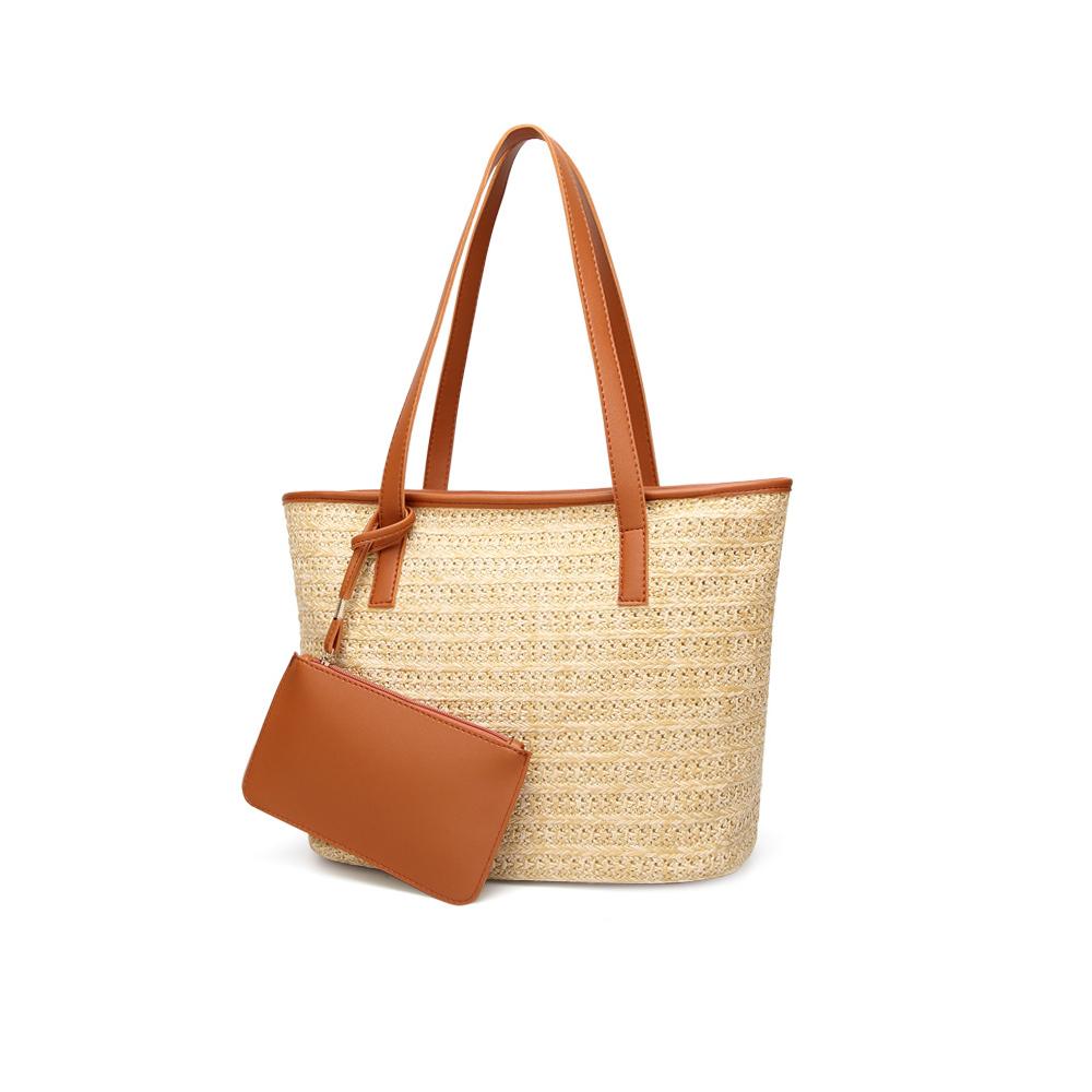 Straw Tote with Faux Leather Accents