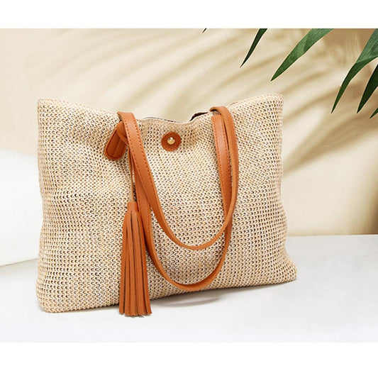 Vegan Leather Accented Tote Bag with Tassel
