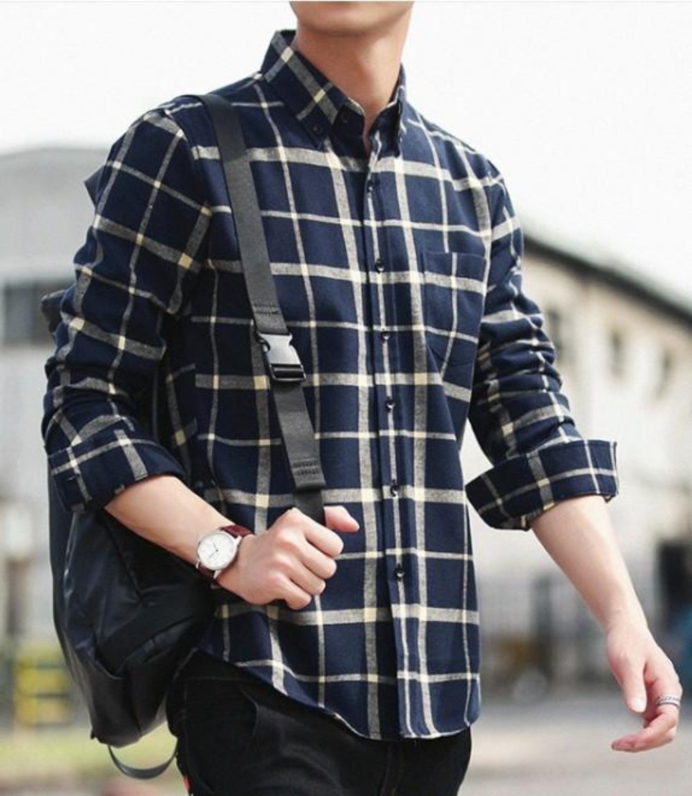 Red Checkered Cotton Shirt with Long Sleeves for Men