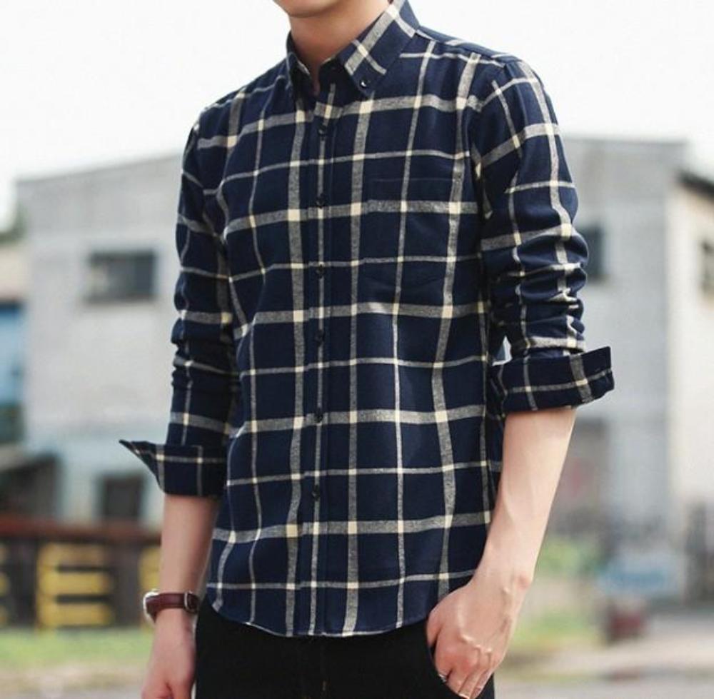 Checkered Cotton Shirt for Men with Long Sleeves