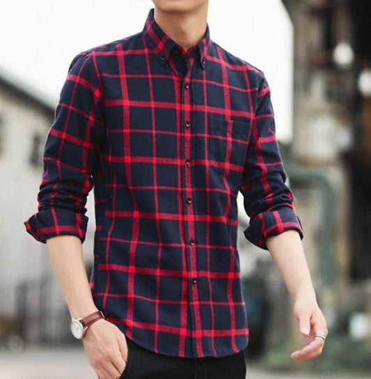 Red Checkered Cotton Shirt with Long Sleeves for Men