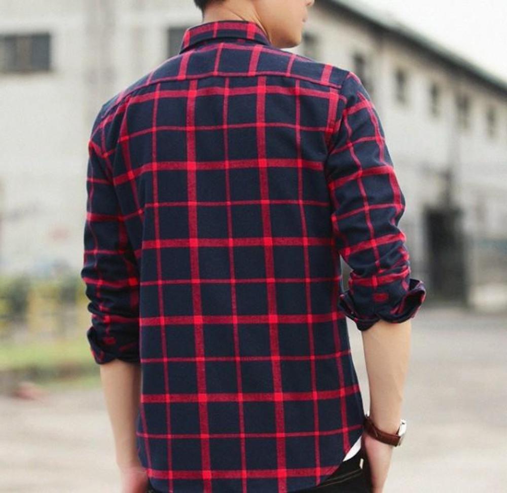 Red Checkered Cotton Shirt with Long Sleeves for Men