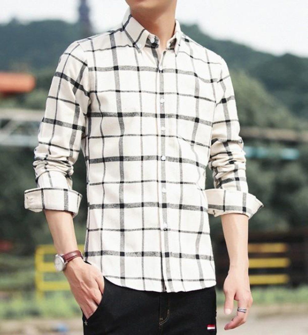 Red Checkered Cotton Shirt with Long Sleeves for Men