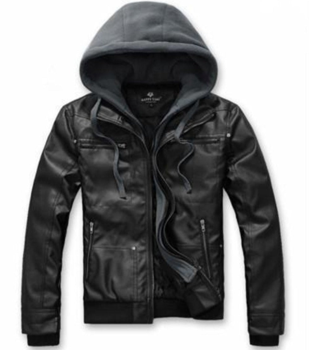Faux Leather Jacket for Men with a Hood