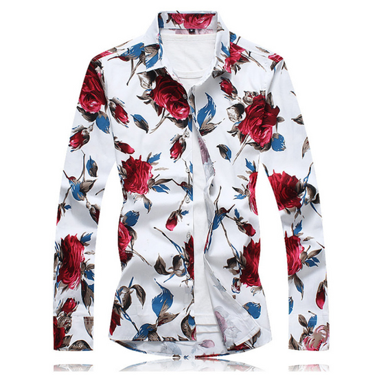 Long Sleeve Red Floral Men's Shirt